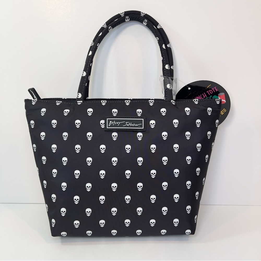 Betsy Johnson Insulated Satchel Lunch Tote, Black w/ White Skulls